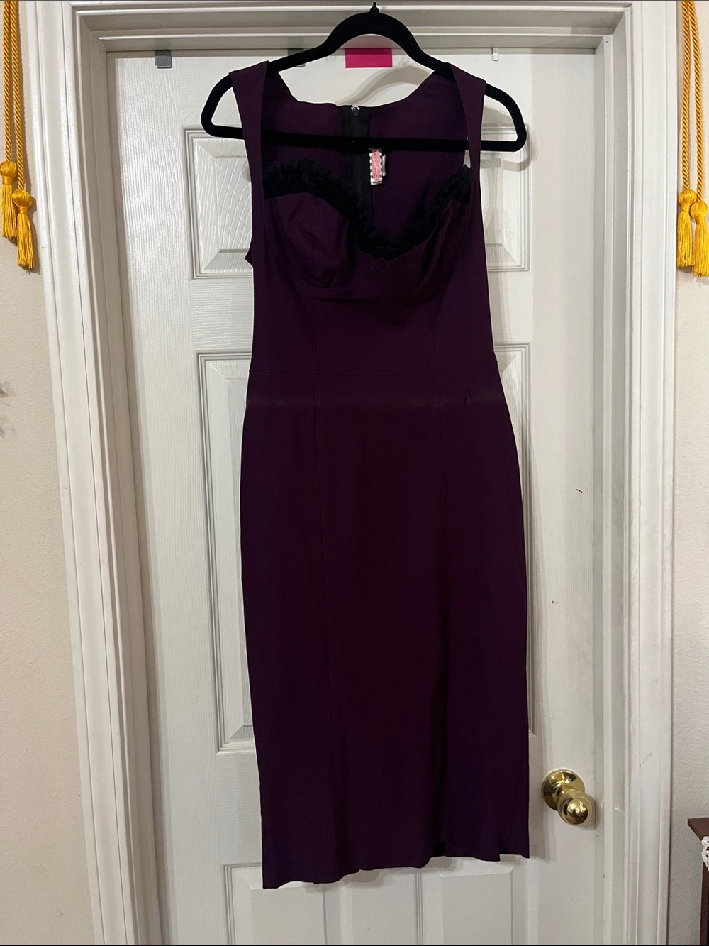 Pinup Couture Plum Midi Dress with Black Lace Trim